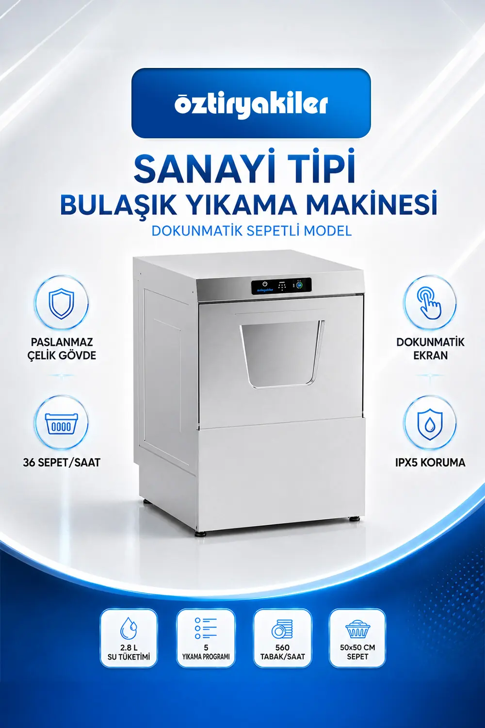 Öztiryakiler OBY 500 Touch Sepetli Tahliye Pompalı Dijital Sanayi Tipi Bulaşık Yıkama Makinesi, 50x50 cm