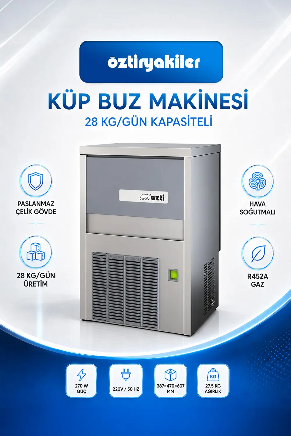 Öztiryakiler OKB25A Hazneli Küp Buz Makinesi, 28 kg/gün Kapasiteli