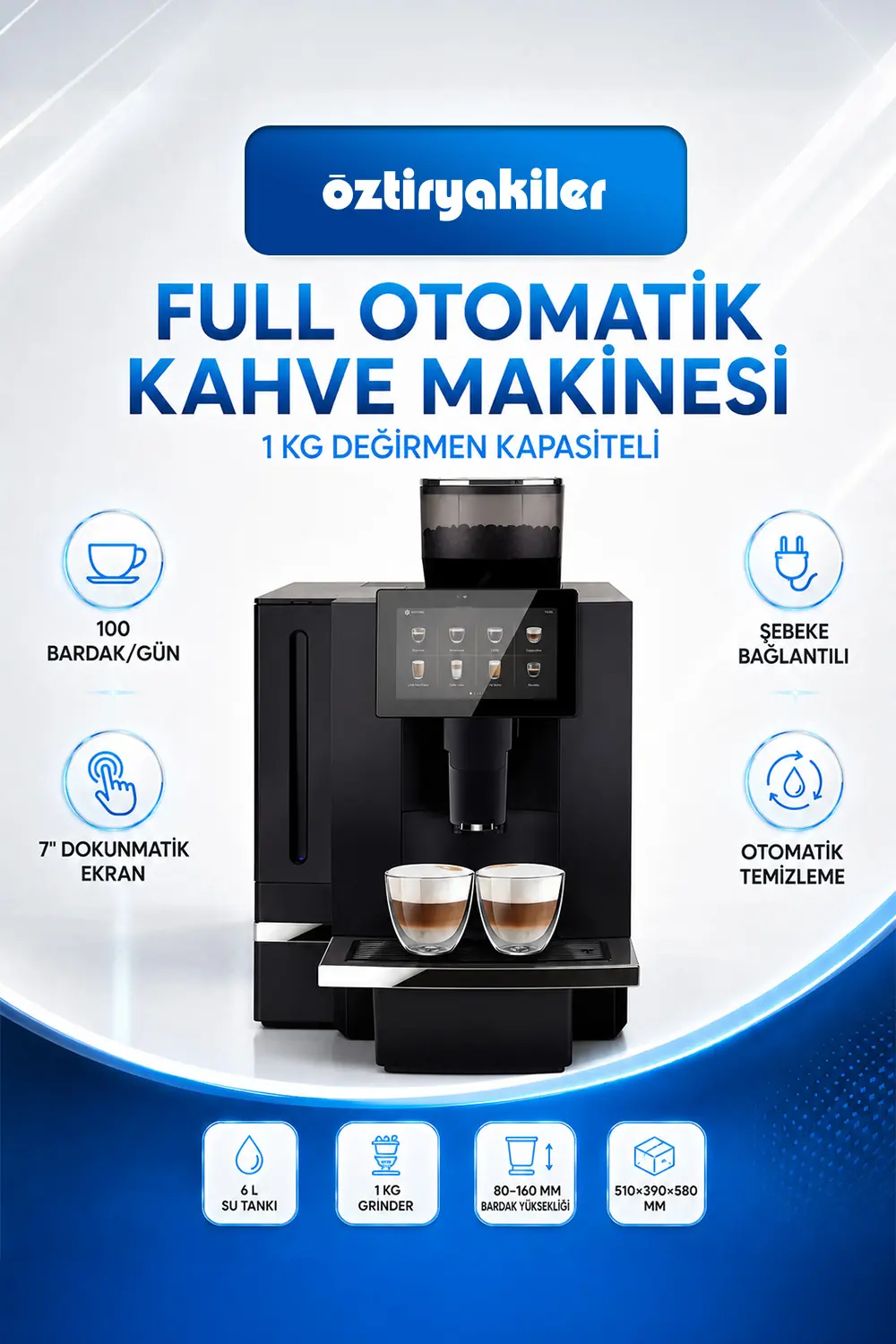 Öztiryakiler Full Otomatik Kahve Makinesi 1 Kg Değirmen Kapasiteli 100 Bardak/Gün, Şebeke Bağlantılı