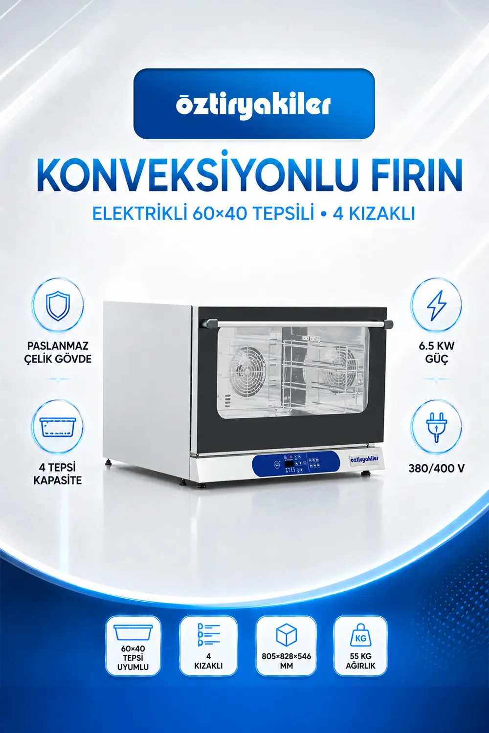 Konveksiyonlu Sanayi Tipi Fırın Elektrikli 60×40 Tepsili, 4 Kızaklı