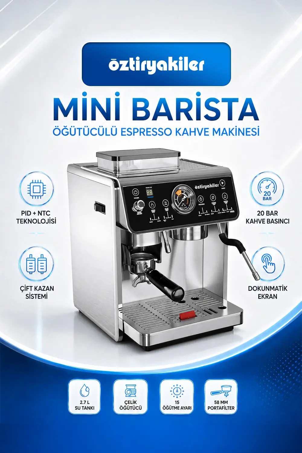 Öztiryakiler Mini Barista Ev tipi Öğütücülü Espresso Kahve Makinesi Pid Çift Kazan