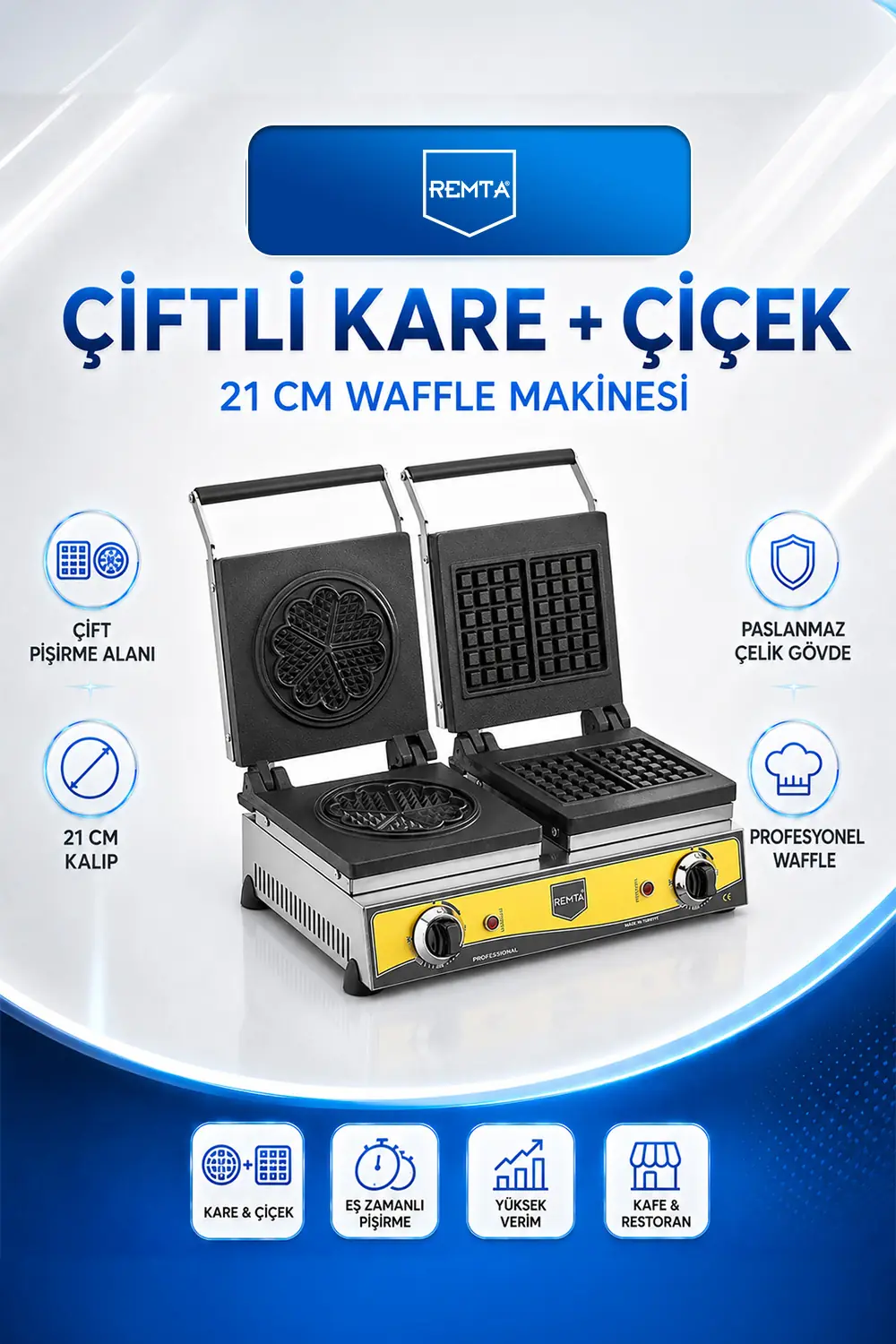 WAFFLE MAKİNASI - Çifli Kare + Çiçek (21 cm) Model