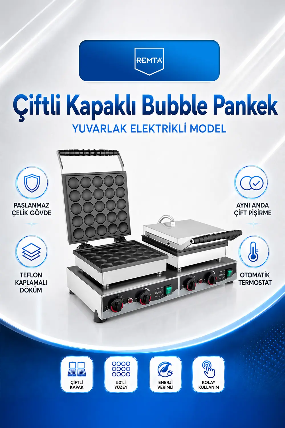 Kapaklı Yuvarlak Çiftli Bubble Pankek Makinesi Elektrikli