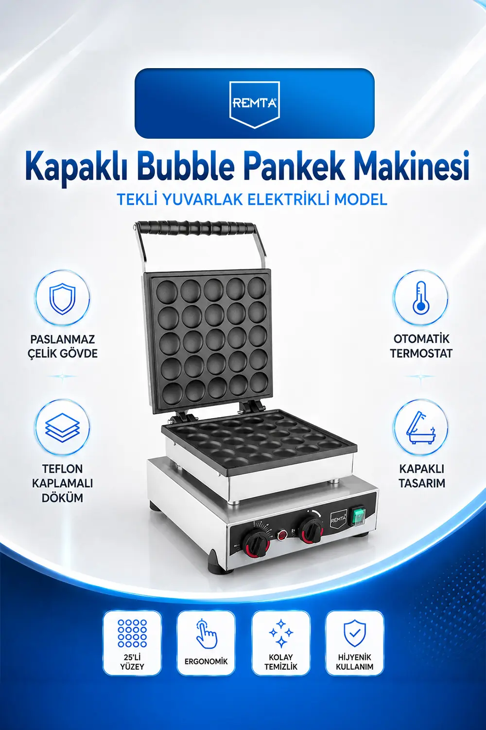 Kapaklı Yuvarlak Bubble Pankek Makinesi Elektrikli